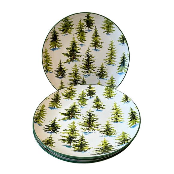 Christmas Pine Tree Dinner Plates 10.5in Ceramic Set of 2 by Global Design New - Picture 1 of 15